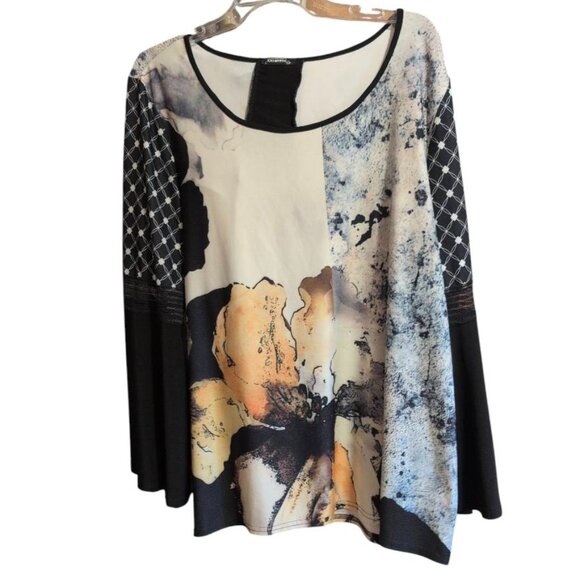 R. Polo Tops - R. Polo Blouse Long Sleeve Flare Cuff Artistic Abstract Floral Print Sheer Top